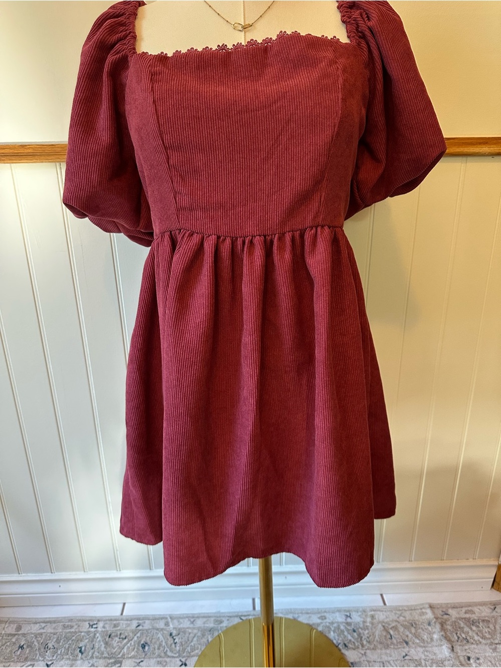 Square Neck Puff Sleeve Mini Dress in Wine - Picture 4 of 7